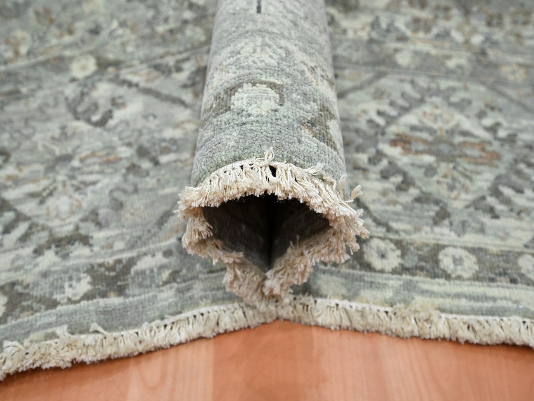 9'x12' Island Fossil Gray, Erased and Broken Garden Design, Hand Knotted, Natural Wool, Antique Finish, Zero Pile, Cropped Thin, Oriental Rug HR75737 - Image 5