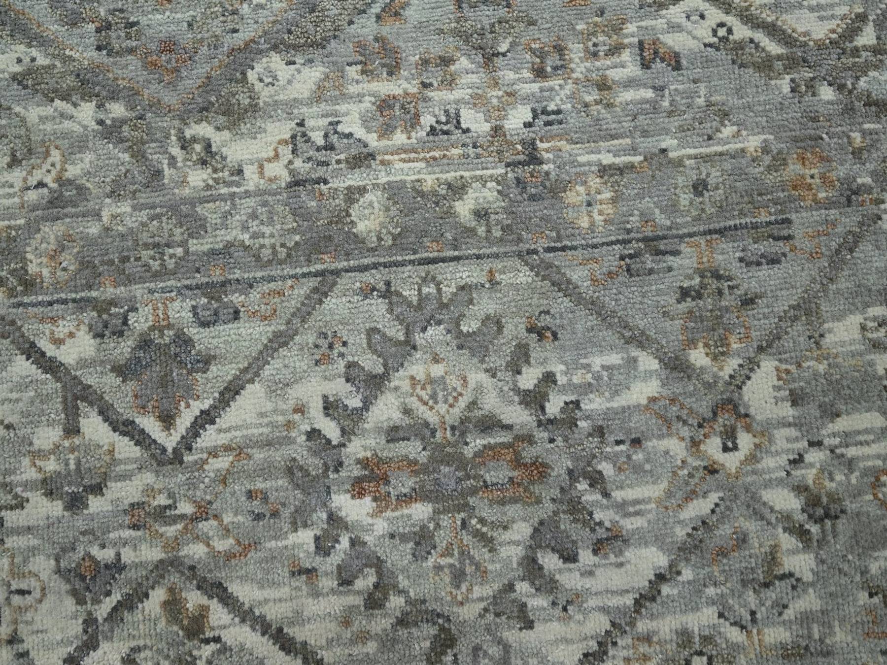 9'x12' Island Fossil Gray, Erased and Broken Garden Design, Hand Knotted, Natural Wool, Antique Finish, Zero Pile, Cropped Thin, Oriental Rug HR75737 - Image 8