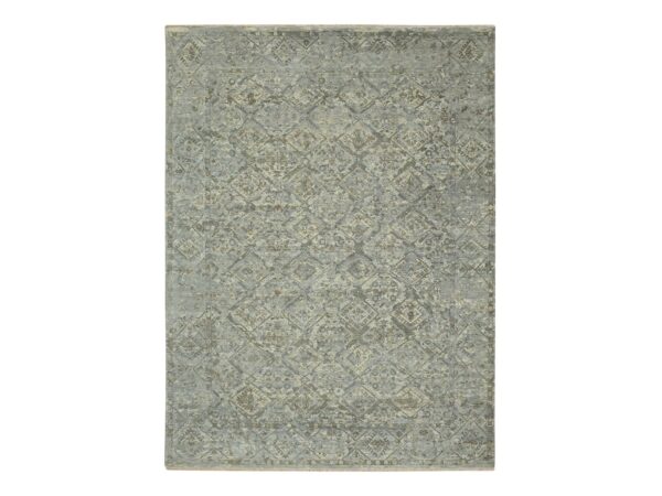 8'10"x12' Misty Gray, Antique Finish, Erased and Broken Garden Design, Hand Knotted, Natural Wool, Zero Pile, Cropped Thin, Oriental Rug HR75738