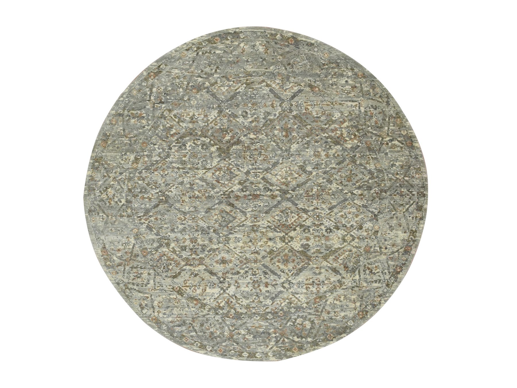 5'10"x5'10" Mirage Gray, Natural Wool, Antique Finish, Erased and Broken Garden Design, Hand Knotted, Zero Pile, Cropped Thin, Round, Oriental Rug HR75747