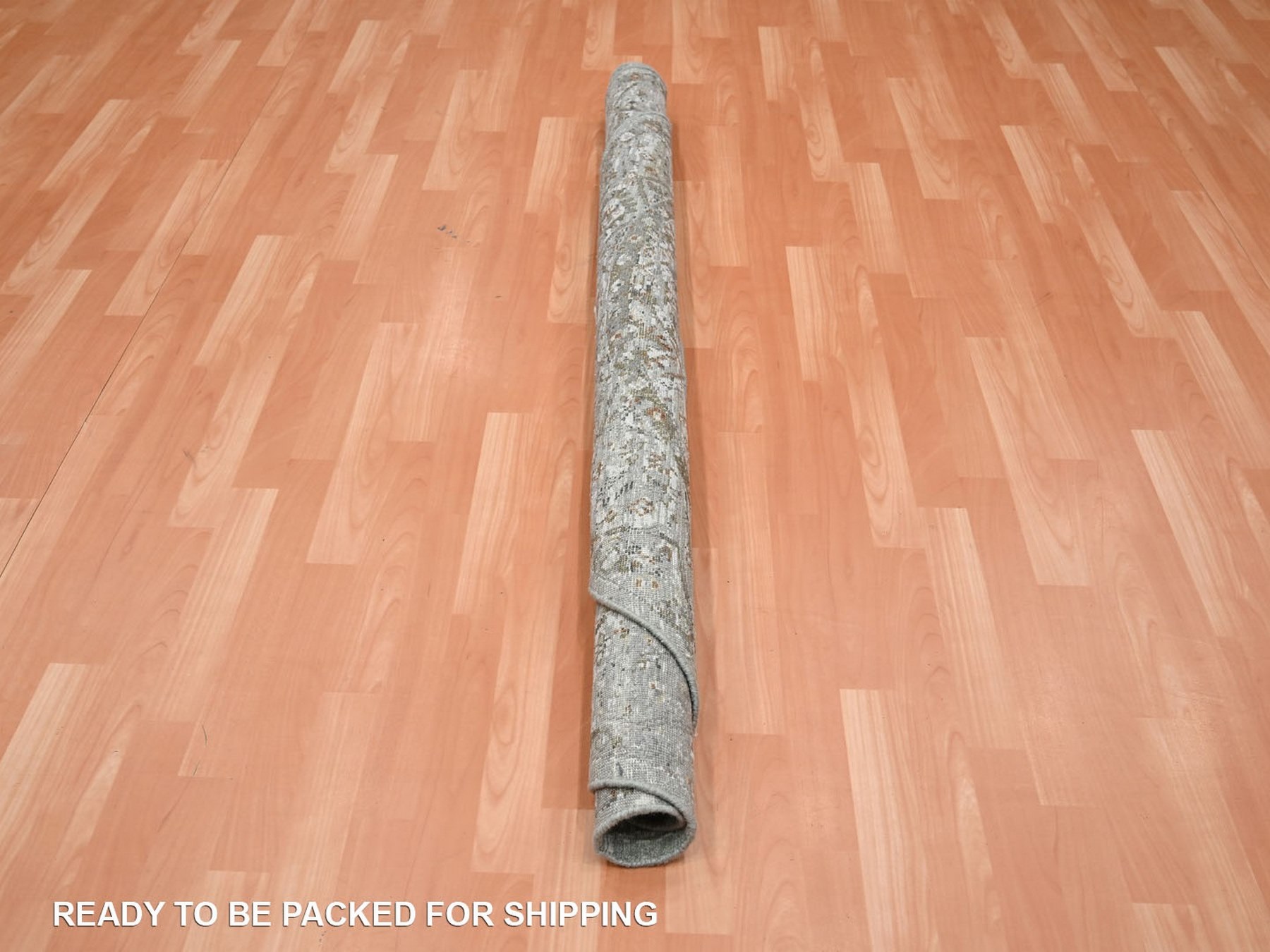 5'10"x5'10" Mirage Gray, Natural Wool, Antique Finish, Erased and Broken Garden Design, Hand Knotted, Zero Pile, Cropped Thin, Round, Oriental Rug HR75747 - Image 5