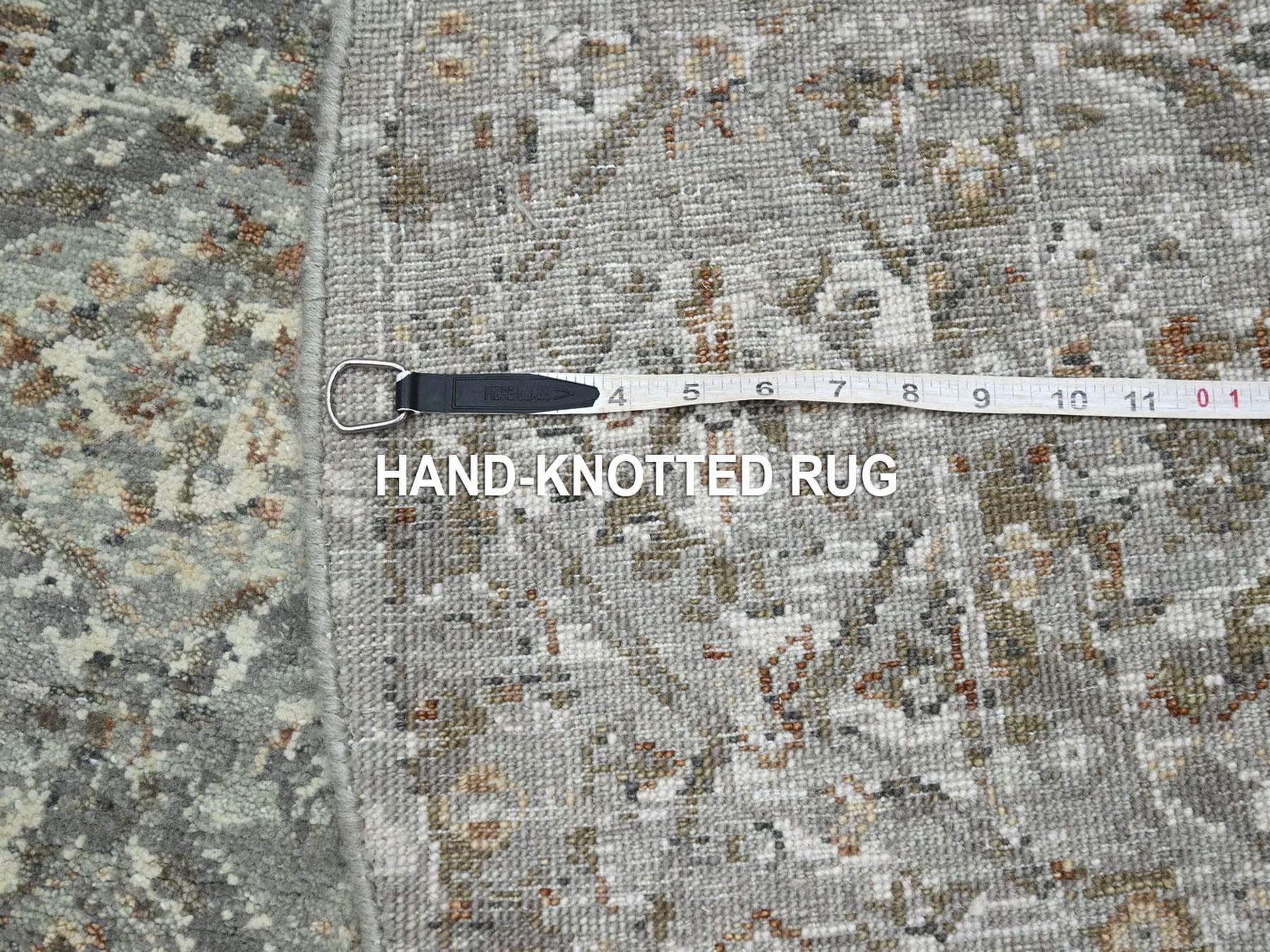 5'10"x5'10" Mirage Gray, Natural Wool, Antique Finish, Erased and Broken Garden Design, Hand Knotted, Zero Pile, Cropped Thin, Round, Oriental Rug HR75747 - Image 7
