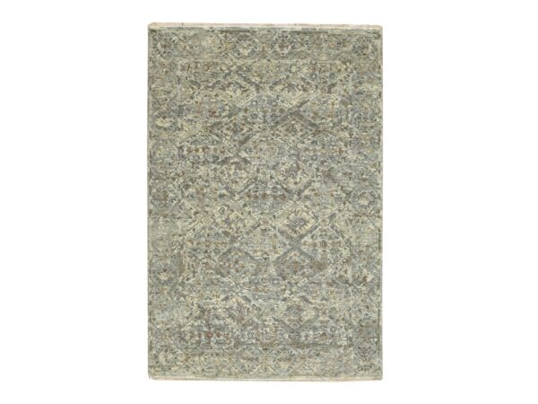 3'10"x5'10" Stone Gray, Antique Finish, Erased and Broken Garden Design, Hand Knotted, Zero Pile, Pure Wool, Cropped Thin, Oriental Rug HR75748