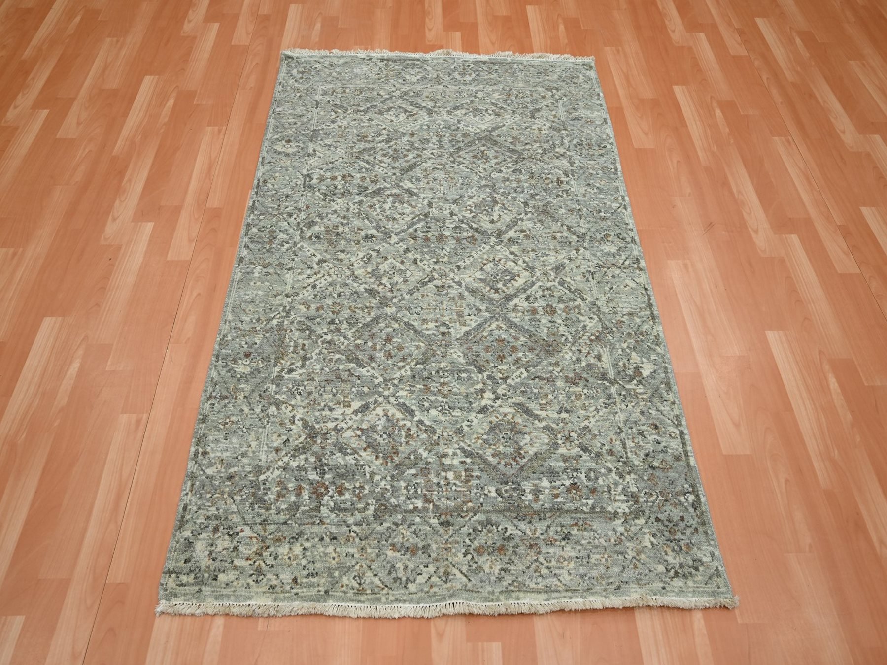 3'10"x5'10" Stone Gray, Antique Finish, Erased and Broken Garden Design, Hand Knotted, Zero Pile, Pure Wool, Cropped Thin, Oriental Rug HR75748 - Image 2