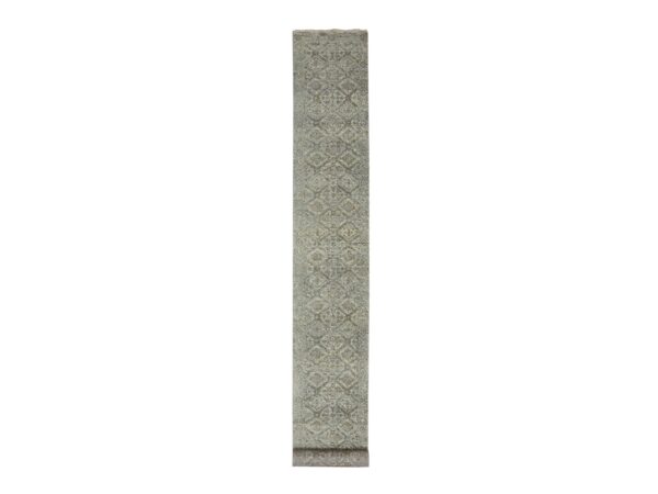 2'4"x21'8" Spanish Gray, Antique Finish, Erased and Broken Garden Design, Hand Knotted, Zero Pile, Cropped Thin, Pure Wool, Long and Narrow Runner, Oriental Rug HR75749