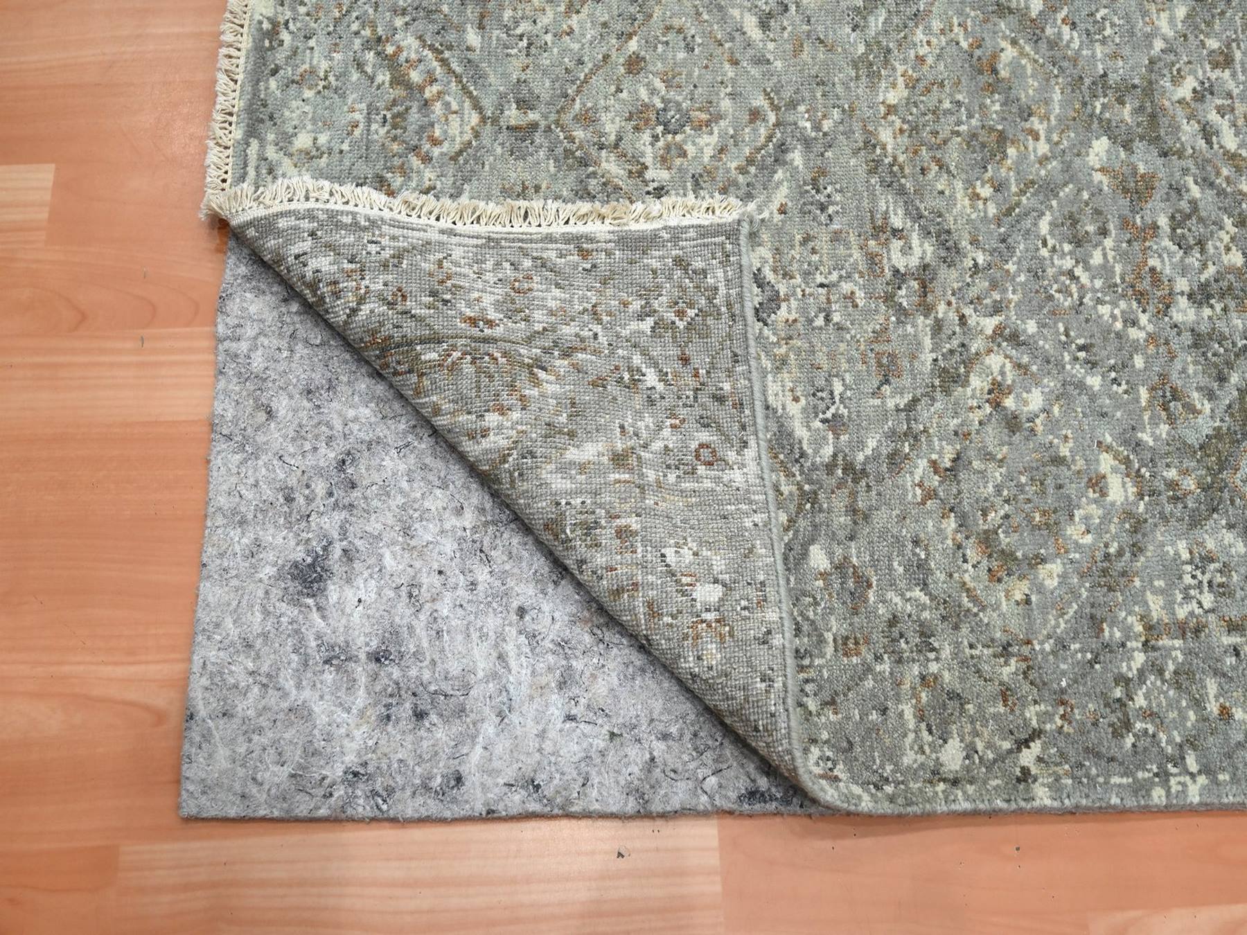 2'4"x21'8" Spanish Gray, Antique Finish, Erased and Broken Garden Design, Hand Knotted, Zero Pile, Cropped Thin, Pure Wool, Long and Narrow Runner, Oriental Rug HR75749 - Image 3