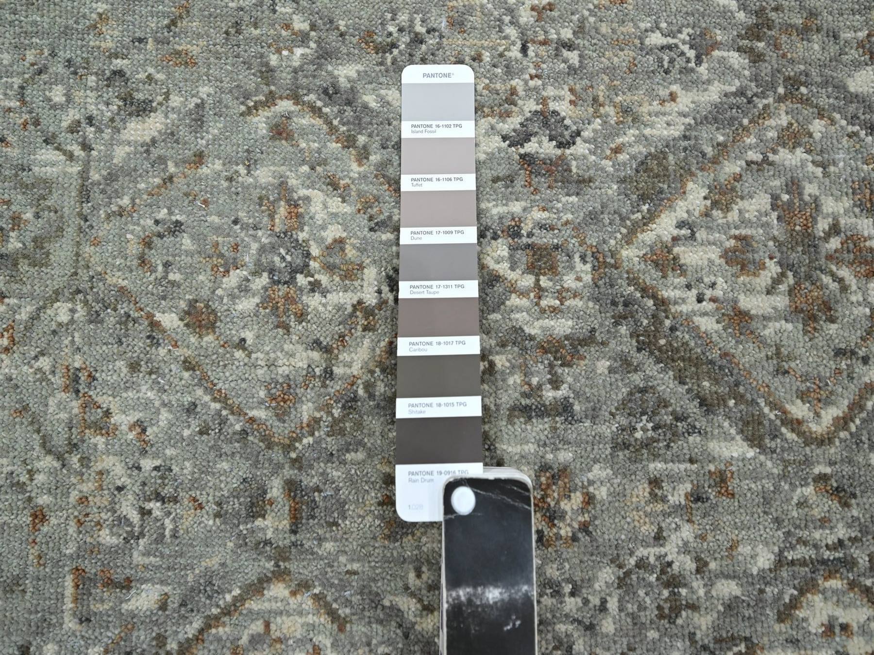 2'4"x21'8" Spanish Gray, Antique Finish, Erased and Broken Garden Design, Hand Knotted, Zero Pile, Cropped Thin, Pure Wool, Long and Narrow Runner, Oriental Rug HR75749 - Image 4