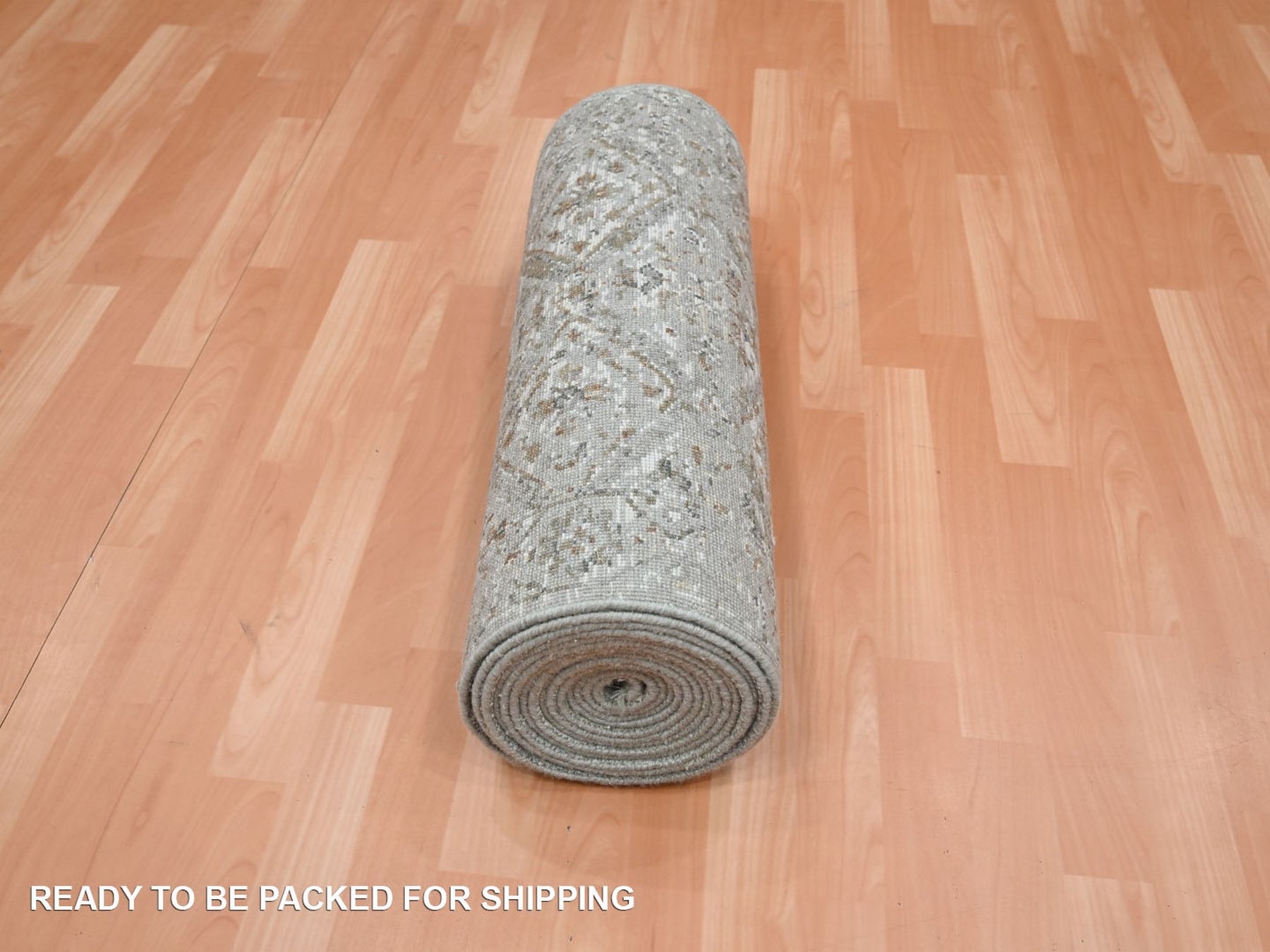 2'4"x21'8" Spanish Gray, Antique Finish, Erased and Broken Garden Design, Hand Knotted, Zero Pile, Cropped Thin, Pure Wool, Long and Narrow Runner, Oriental Rug HR75749 - Image 5