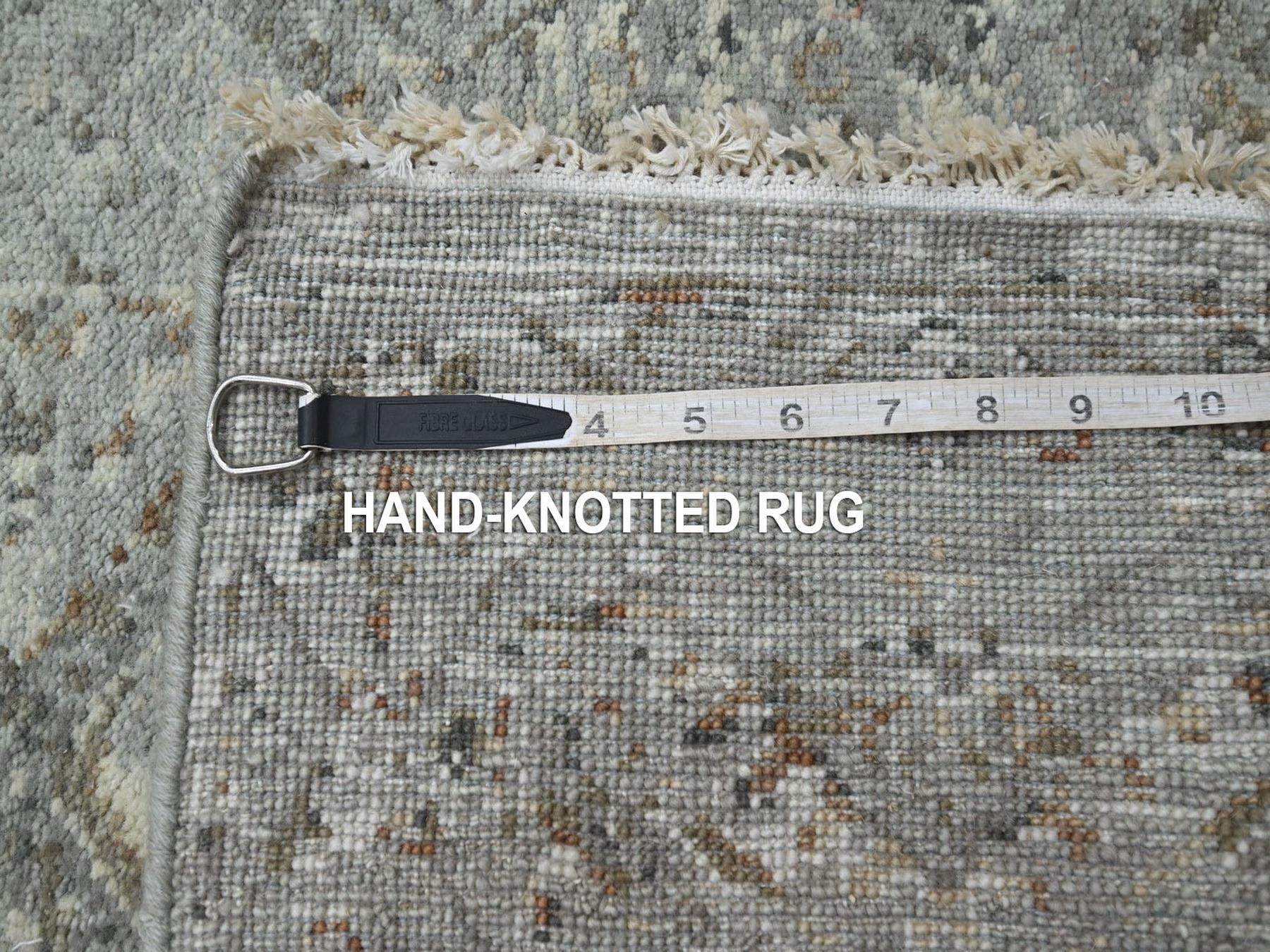 2'4"x21'8" Spanish Gray, Antique Finish, Erased and Broken Garden Design, Hand Knotted, Zero Pile, Cropped Thin, Pure Wool, Long and Narrow Runner, Oriental Rug HR75749 - Image 7