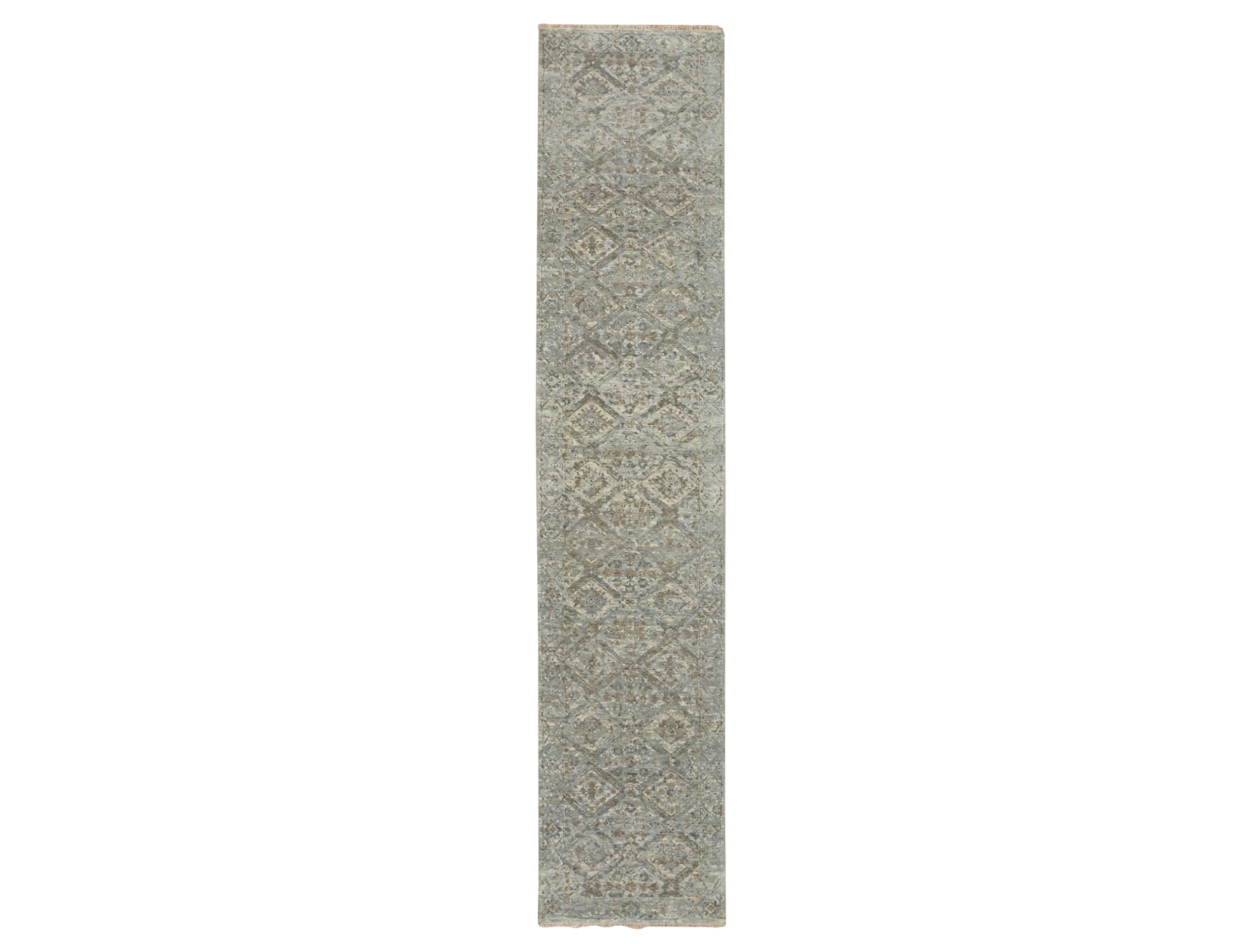 2'5"x12' Medium Gray, Antique Finish, Erased and Broken Garden Design, Hand Knotted, Natural Wool, Zero Pile, Cropped Thin, Runner, Oriental Rug HR75753