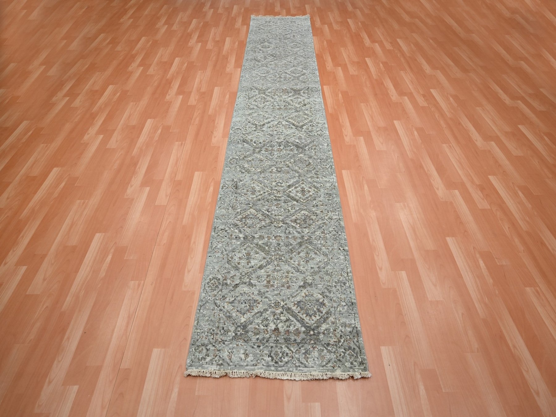 2'5"x12' Medium Gray, Antique Finish, Erased and Broken Garden Design, Hand Knotted, Natural Wool, Zero Pile, Cropped Thin, Runner, Oriental Rug HR75753 - Image 2