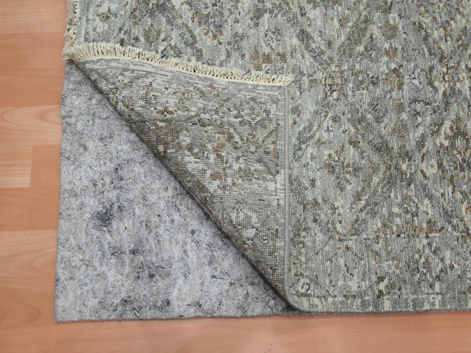 2'5"x12' Medium Gray, Antique Finish, Erased and Broken Garden Design, Hand Knotted, Natural Wool, Zero Pile, Cropped Thin, Runner, Oriental Rug HR75753 - Image 3