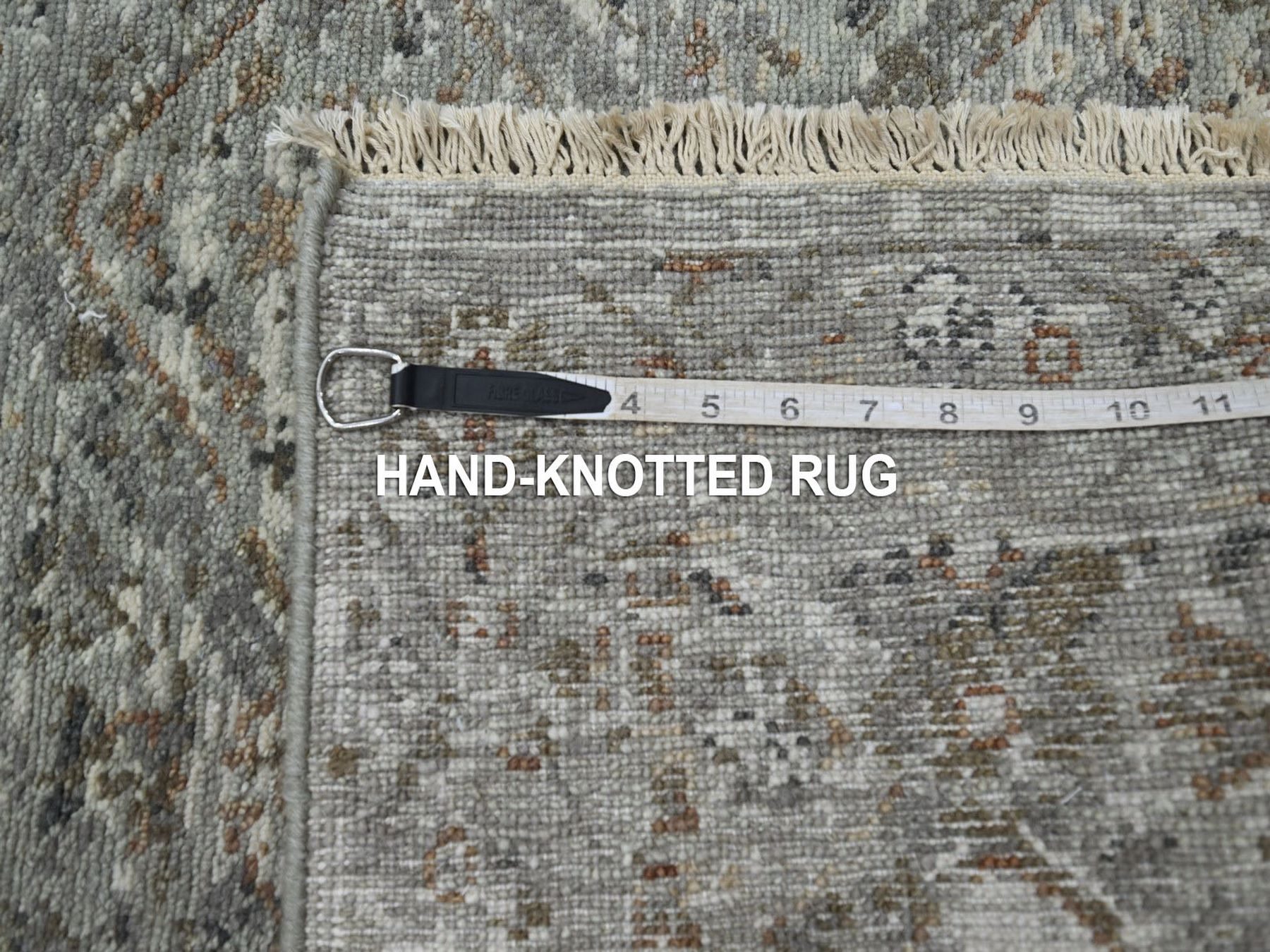2'5"x12' Medium Gray, Antique Finish, Erased and Broken Garden Design, Hand Knotted, Natural Wool, Zero Pile, Cropped Thin, Runner, Oriental Rug HR75753 - Image 7