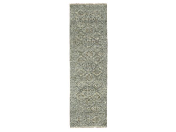 2'4"x7'10" Fossil Gray, Erased and Broken Garden Design, Hand Knotted, 100% Wool, Zero Pile, Cropped Thin, Runner, Oriental Rug HR75755