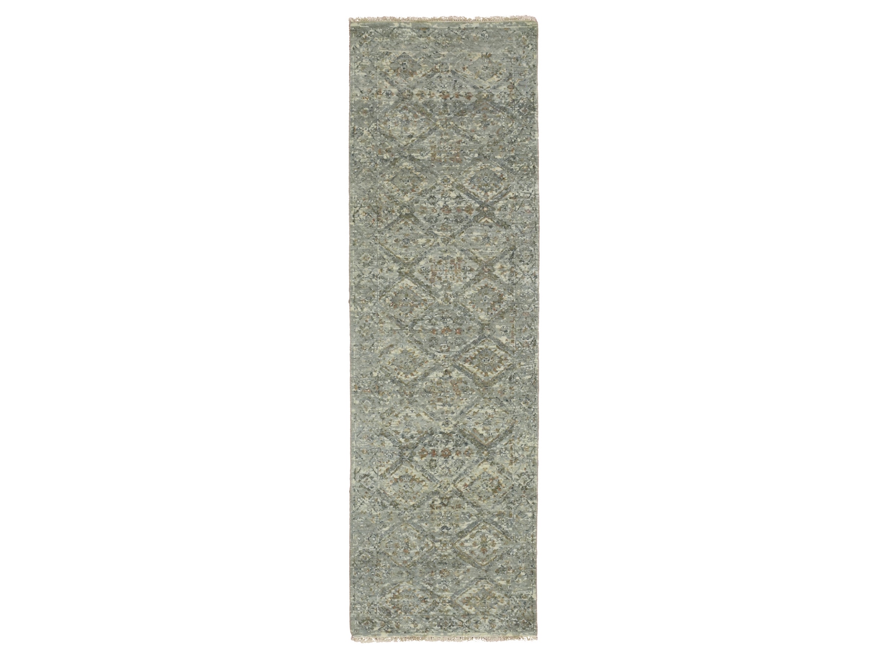 2'4"x7'10" Fossil Gray, Erased and Broken Garden Design, Hand Knotted, 100% Wool, Zero Pile, Cropped Thin, Runner, Oriental Rug HR75755