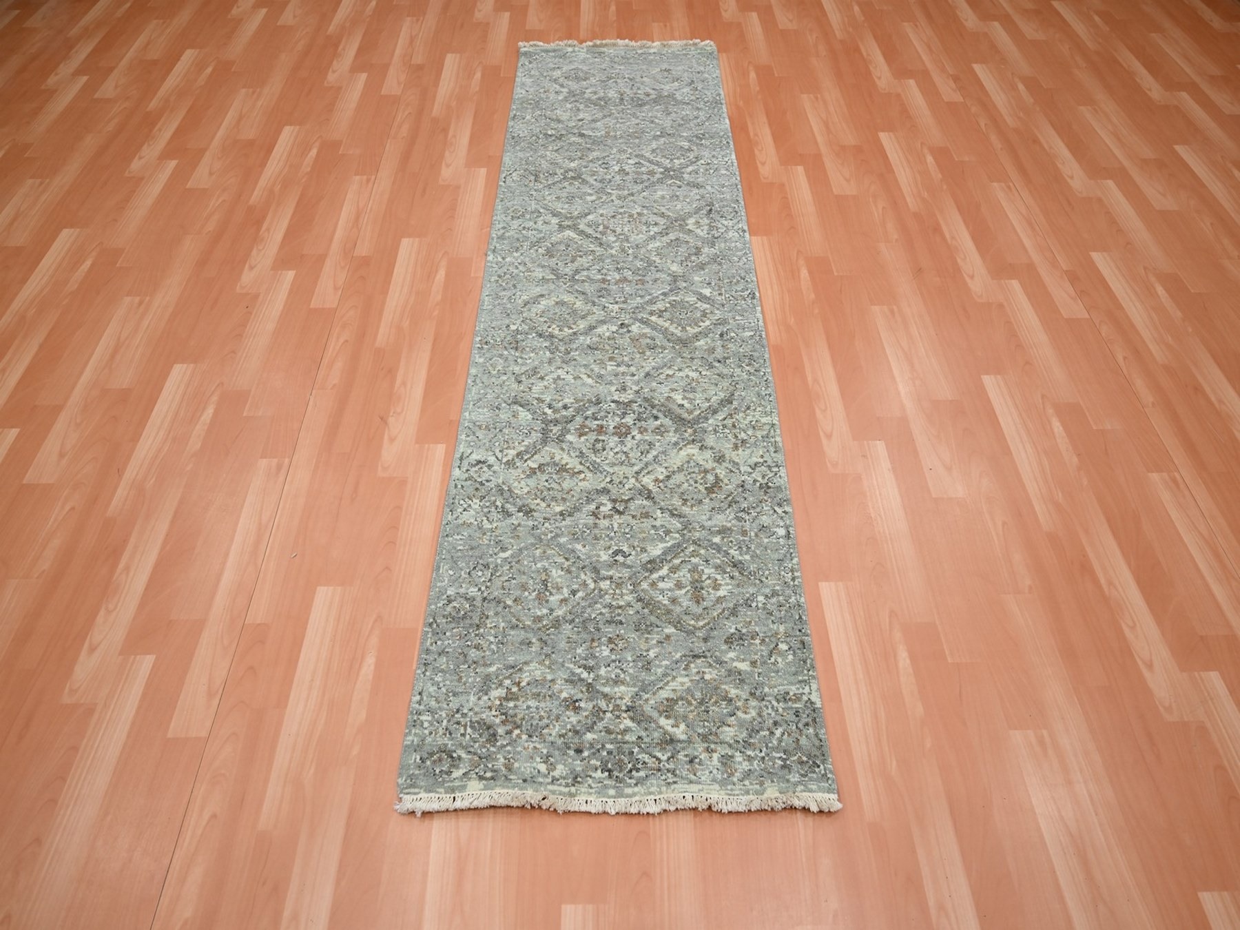 2'4"x7'10" Fossil Gray, Erased and Broken Garden Design, Hand Knotted, 100% Wool, Zero Pile, Cropped Thin, Runner, Oriental Rug HR75755 - Image 2