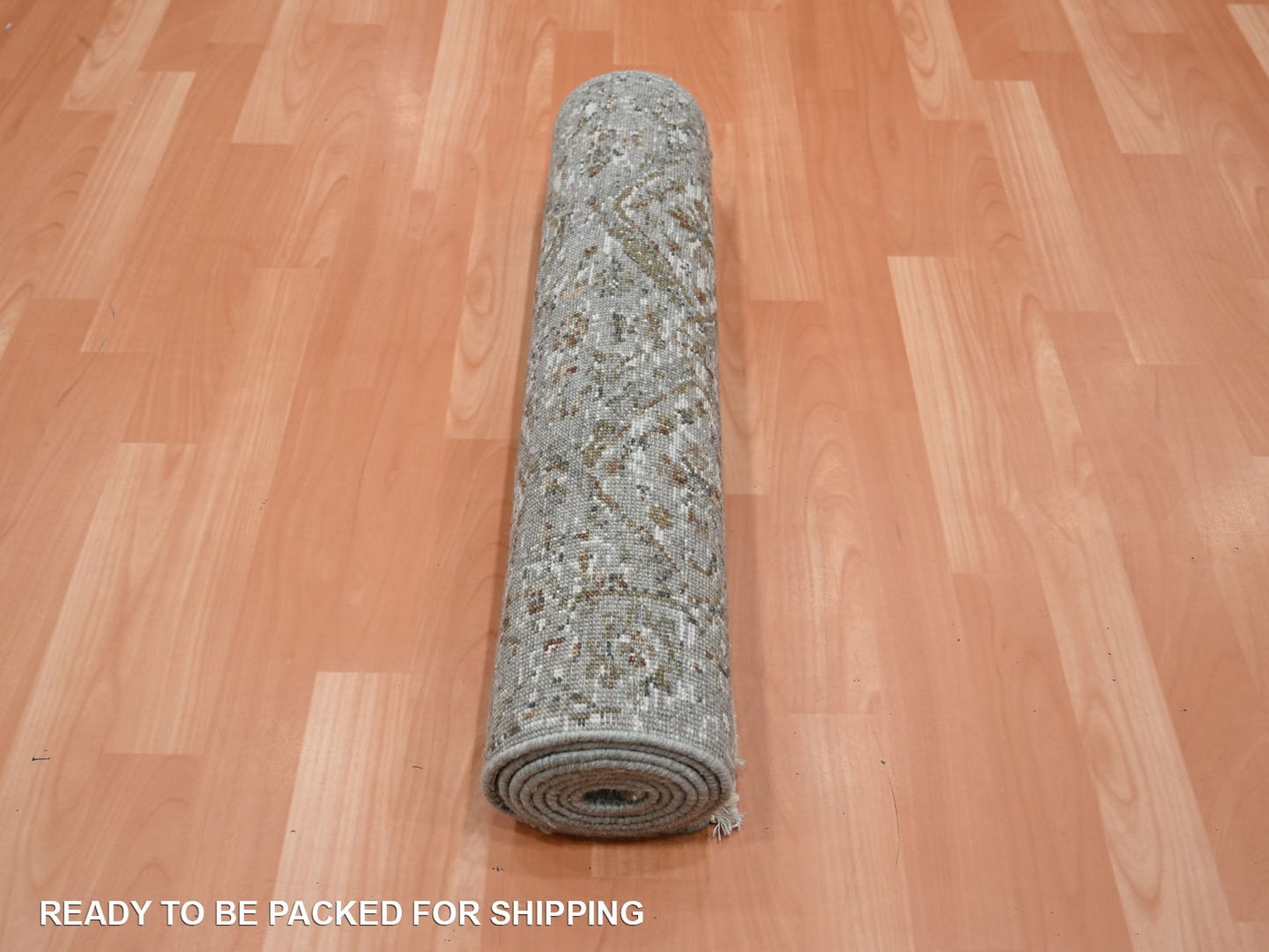 2'4"x7'10" Fossil Gray, Erased and Broken Garden Design, Hand Knotted, 100% Wool, Zero Pile, Cropped Thin, Runner, Oriental Rug HR75755 - Image 5