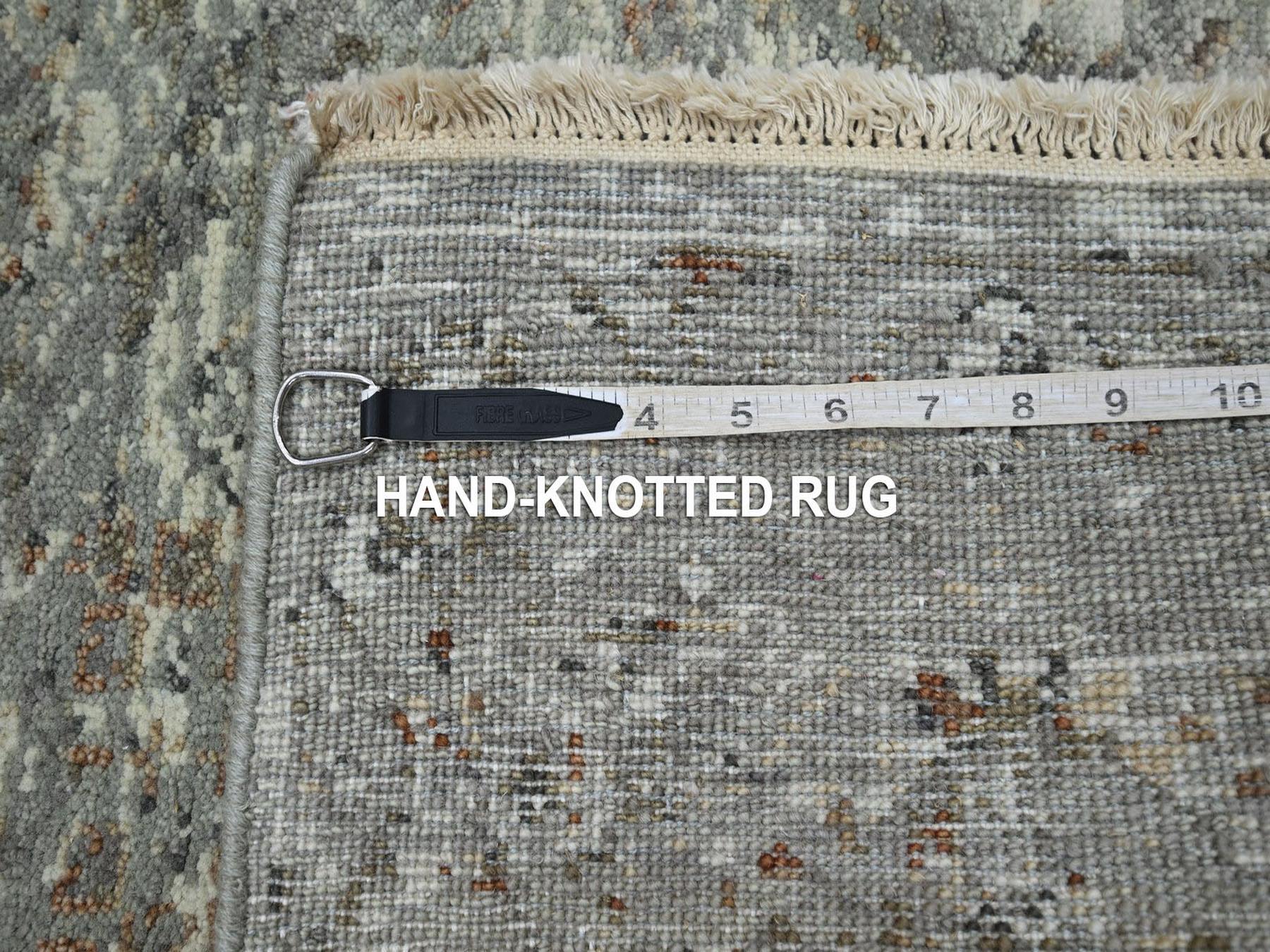 2'4"x7'10" Fossil Gray, Erased and Broken Garden Design, Hand Knotted, 100% Wool, Zero Pile, Cropped Thin, Runner, Oriental Rug HR75755 - Image 7