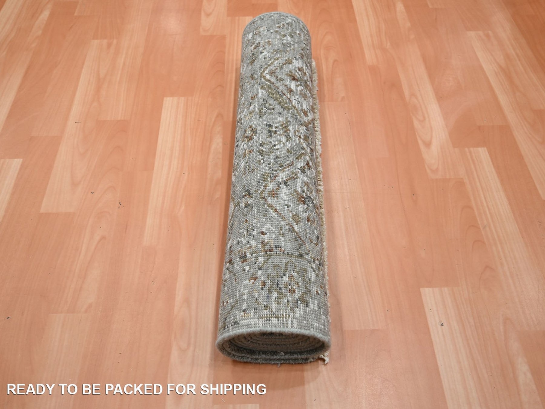 2'4"x8' Nickel Gray, Hand Knotted, Erased and Broken Garden Design, Pure Wool, Zero Pile, Cropped Thin, Runner, Oriental Rug HR75756 - Image 5