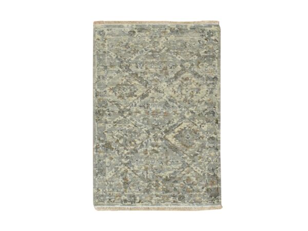 2'x3' Medium Gray, Pure Wool, Erased and Broken Garden Design, Hand Knotted, Zero Pile, Antique Finish, Cropped Thin, Sample, Mat, Oriental Rug HR75762