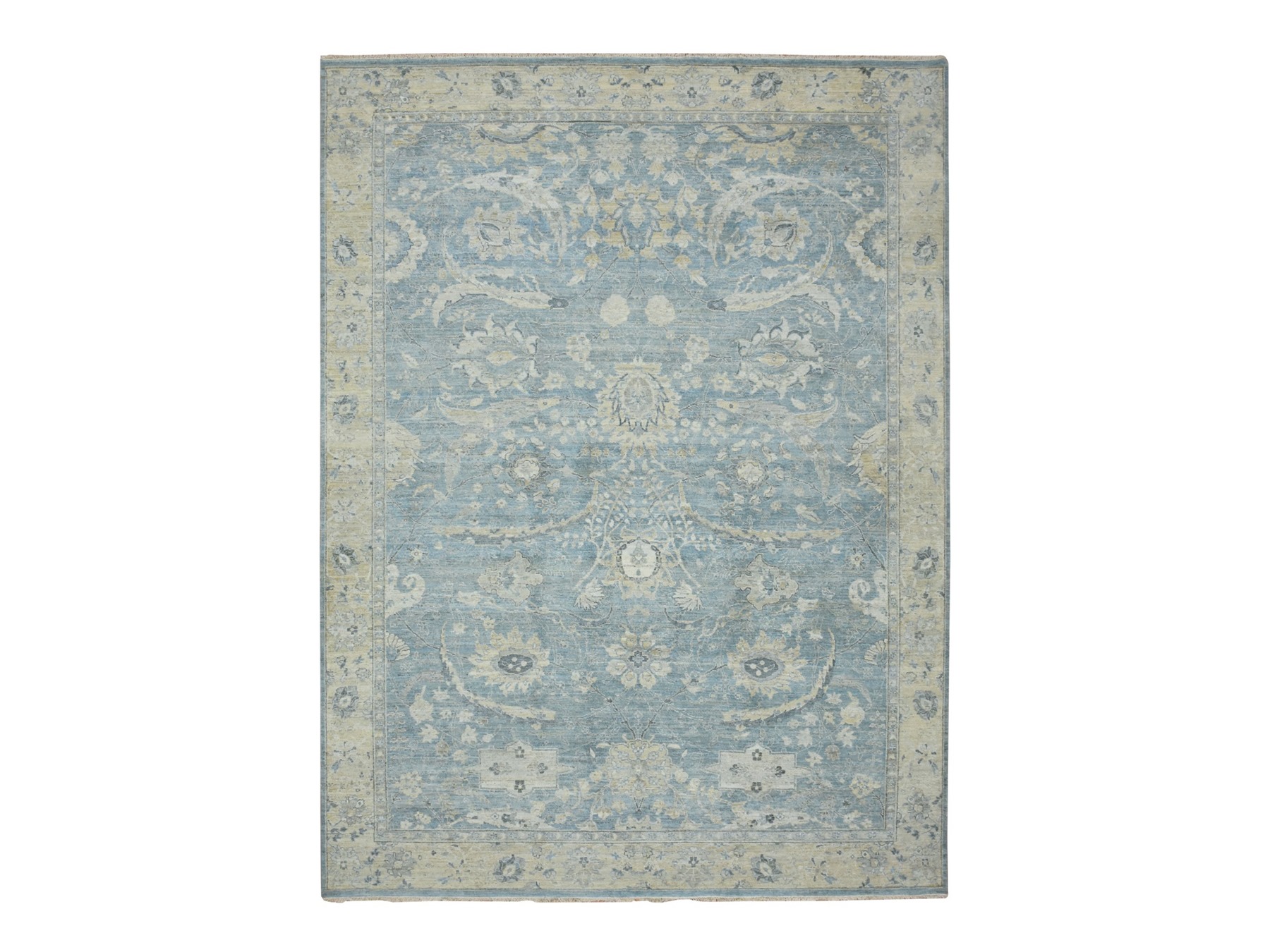 8'9"x12' Ruddy Blue, Zero Pile, Cropped Low and Antique Finish, Hand Knotted, Sickle Leaf Design, Vegetable Dyes, Natural Wool, Oriental Rug HR75767