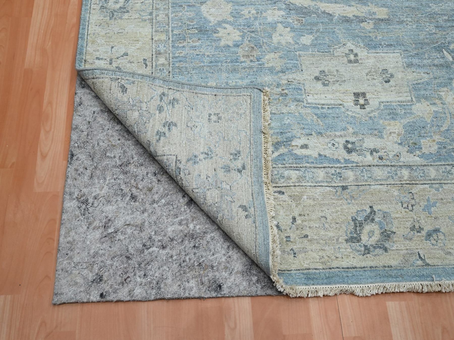 8'9"x12' Ruddy Blue, Zero Pile, Cropped Low and Antique Finish, Hand Knotted, Sickle Leaf Design, Vegetable Dyes, Natural Wool, Oriental Rug HR75767 - Image 4