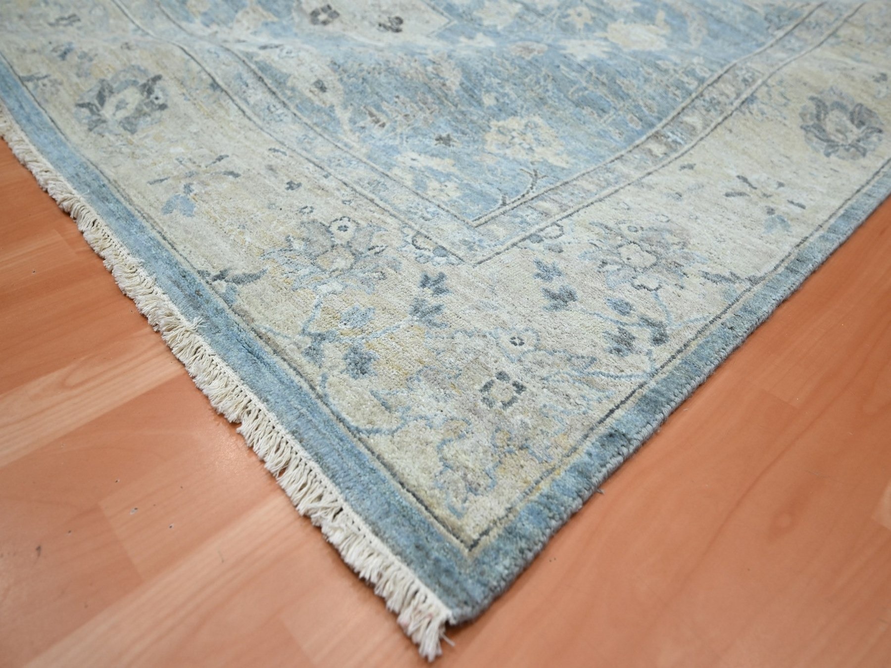 8'9"x12' Ruddy Blue, Zero Pile, Cropped Low and Antique Finish, Hand Knotted, Sickle Leaf Design, Vegetable Dyes, Natural Wool, Oriental Rug HR75767 - Image 6