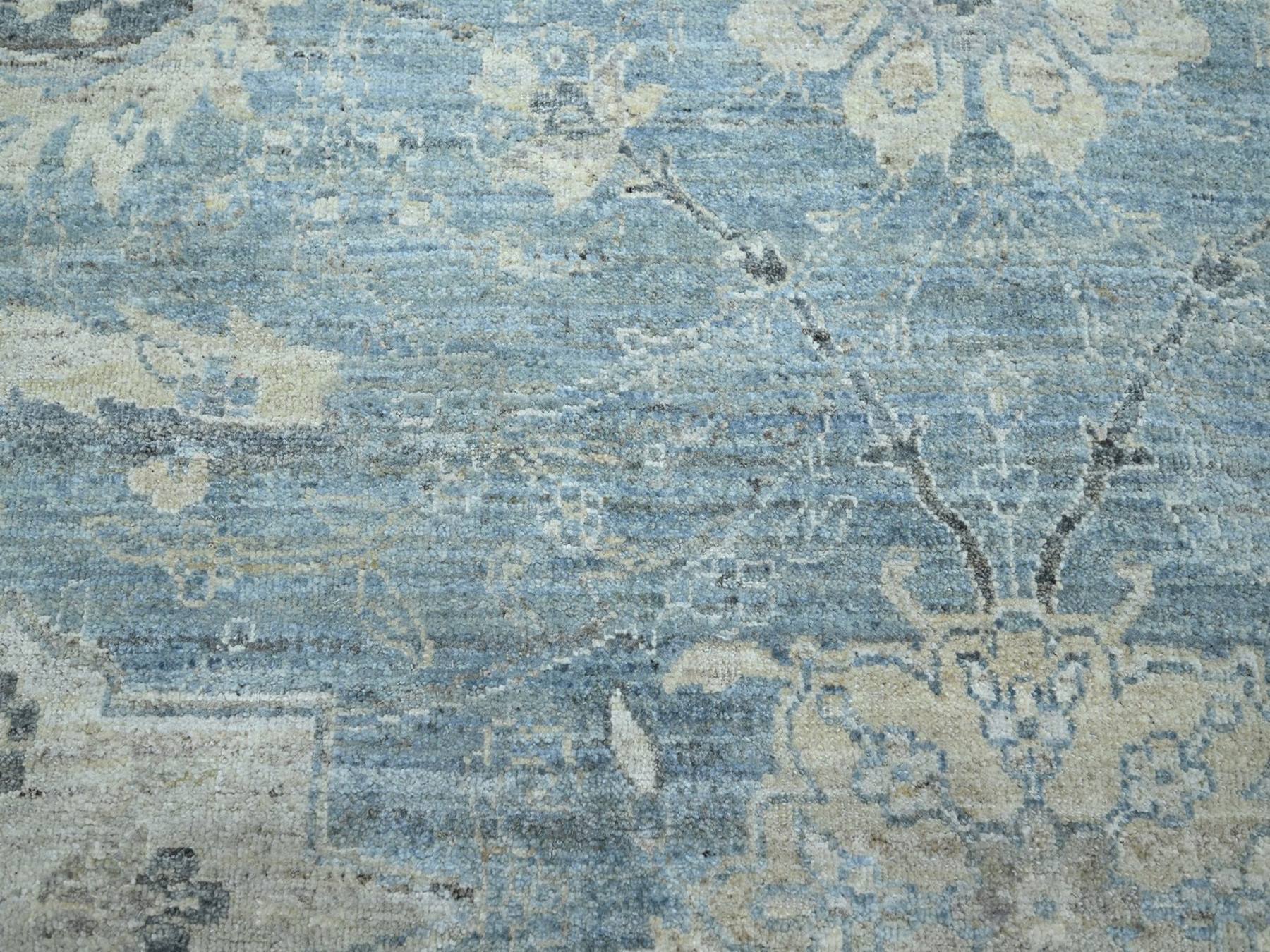 8'9"x12' Ruddy Blue, Zero Pile, Cropped Low and Antique Finish, Hand Knotted, Sickle Leaf Design, Vegetable Dyes, Natural Wool, Oriental Rug HR75767 - Image 8
