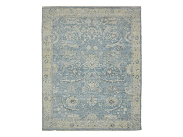 8'x10' Crystal Blue, Sickle Leaf Design, Hand Knotted, Natural Wool, Zero Pile, Cropped Low and Antique Finish, Vegetable Dyes, Oriental Rug HR75769