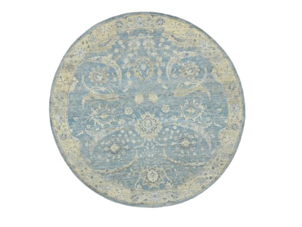 6'x6' Crystal Blue, Antiqued Zeigler Mahal with Zero Pile, Cropped Thin, Washed Out, Hand Knotted, 100% Wool, Round, Oriental Rug HR75775