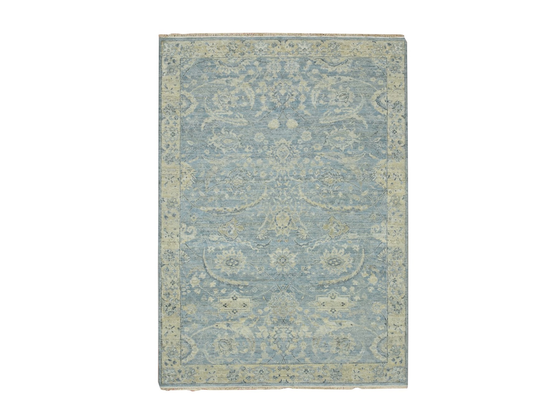 5'x7' Baby Blue, Sickle Leaf Design, Hand Knotted, Zero Pile, Cropped Low and Antique Finish, Pure Wool, Vegetable Dyes, Oriental Rug HR75776