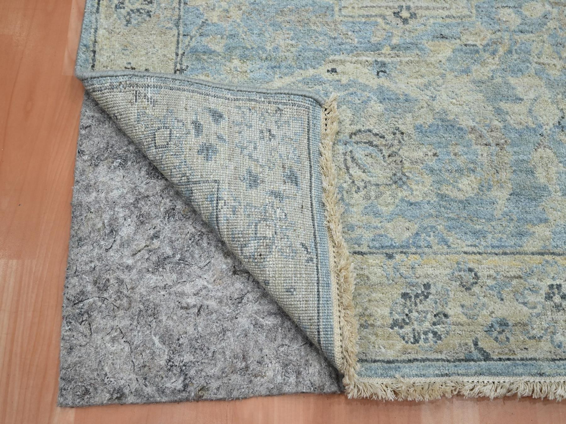 5'x7' Baby Blue, Sickle Leaf Design, Hand Knotted, Zero Pile, Cropped Low and Antique Finish, Pure Wool, Vegetable Dyes, Oriental Rug HR75776 - Image 3