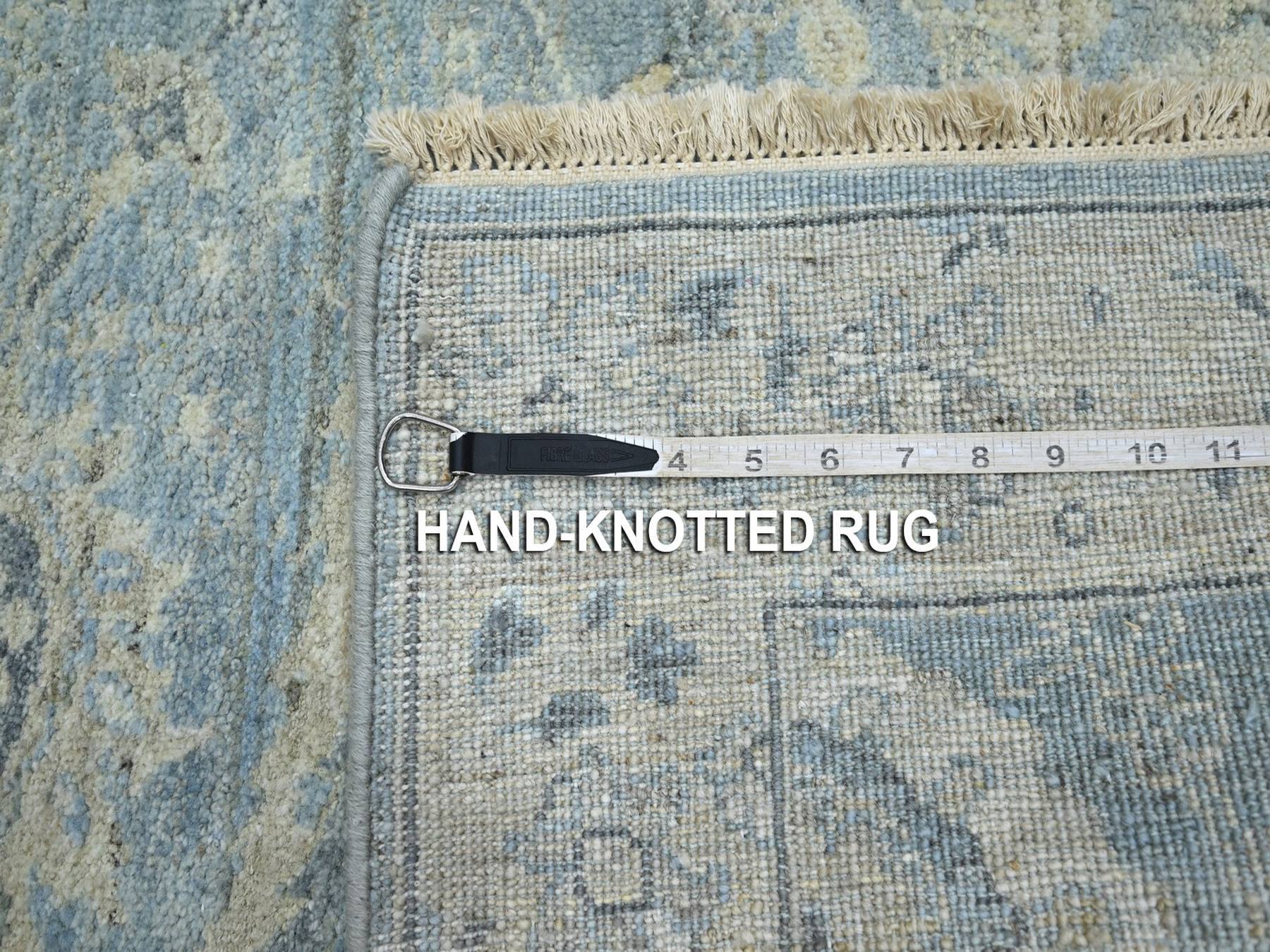 5'x7' Baby Blue, Sickle Leaf Design, Hand Knotted, Zero Pile, Cropped Low and Antique Finish, Pure Wool, Vegetable Dyes, Oriental Rug HR75776 - Image 7