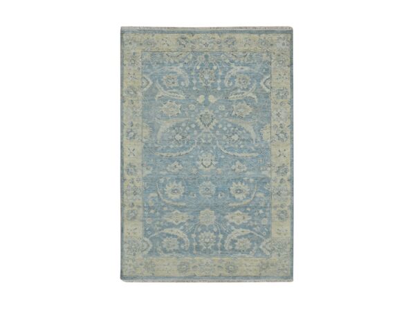 4'x6' Beau Blue, Pure Wool, Sickle Leaf Design, Hand Knotted, Zero Pile, Cropped Low and Antique Finish, Vegetable Dyes, Oriental Rug HR75777
