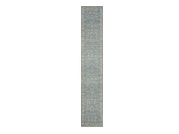2'5"x14' Steel Blue, 100% Wool, Hand Knotted, Sickle Leaf Design, Zero Pile, Cropped Thin and Antique Finish, Vegetable Dyes, Runner, Oriental Rug HR75781