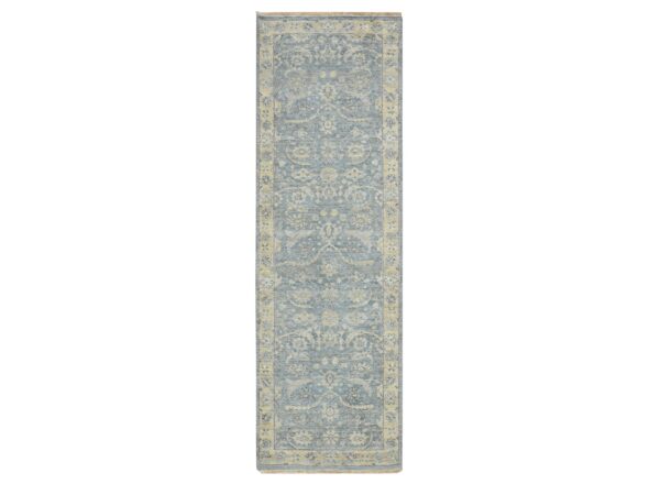 2'5"x7'10" Beau Blue, Pure Wool, Sickle Leaf Design, Hand Knotted, Zero Pile, Cropped Low and Antique Finish, Vegetable Dyes, Runner, Oriental Rug HR75784
