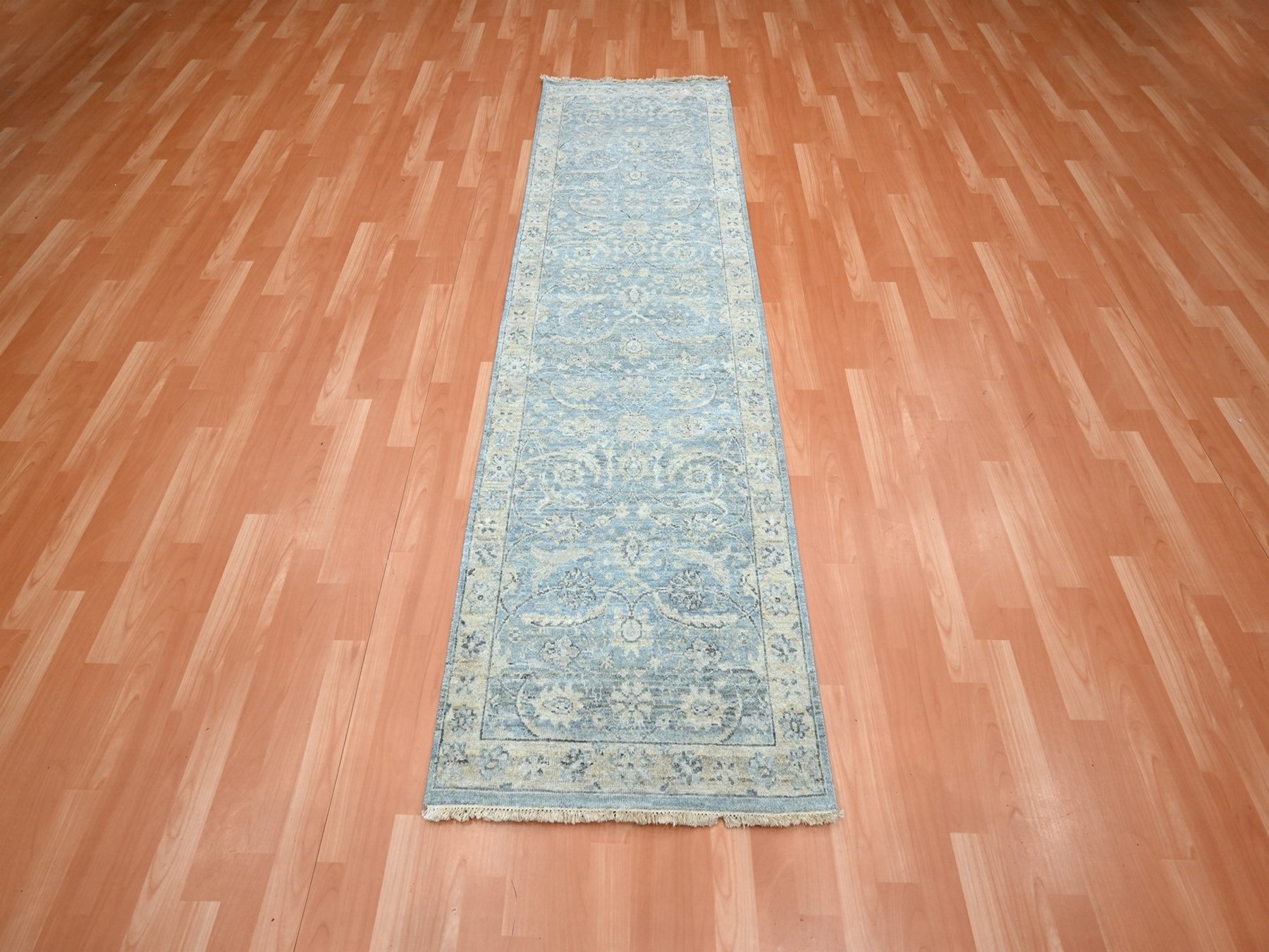 2'5"x6'1" Ruddy Blue, 100% Natural Wool, Sickle Leaf Design, Hand Knotted, Zero Pile, Cropped Low and Antique Finish, Vegetable Dyes, Runner, Oriental Rug HR75786 - Image 2