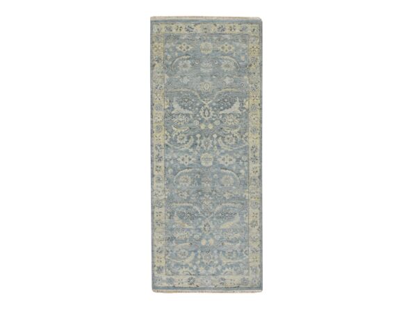 2'5"x6'1" Beau Blue, Sickle Leaf Design, Hand Knotted, Zero Pile, Cropped Low and Antique Finish, Natural Wool, Vegetable Dyes, Runner, Oriental Rug HR75787