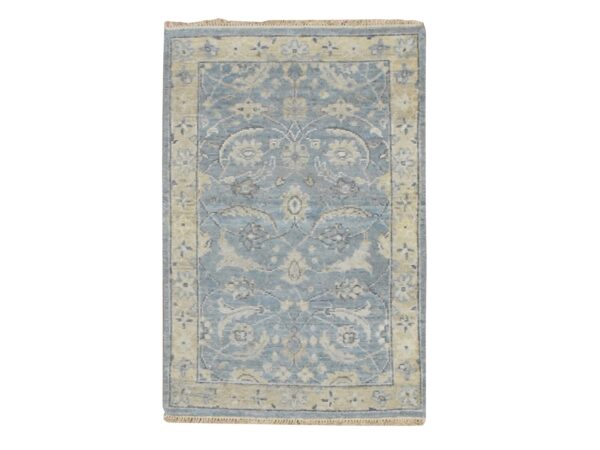 2'x3' Powder Blue, Pure Wool, Sickle Leaf Design, Hand Knotted, Zero Pile, Cropped Low and Antique Finish, Vegetable Dyes, Mat, Sample, Oriental Rug HR75788