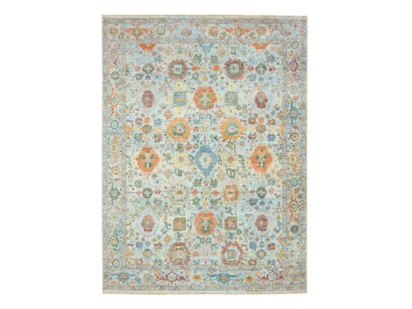 8'9"x12' Light Blue with Orange Leafs, Sultanabad Reimagined, Hand Knotted, Pure Wool, Zero Pile, Cropped Thin, Vegetable Dyes, Oriental Rug Sh75794 HR75794