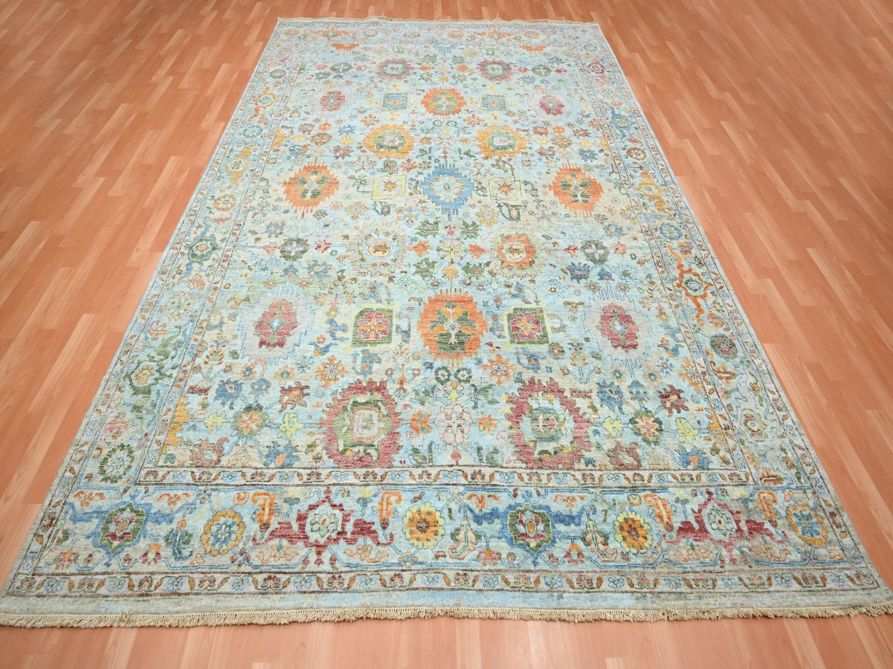 8'9"x12' Light Blue with Orange Leafs, Sultanabad Reimagined, Hand Knotted, Pure Wool, Zero Pile, Cropped Thin, Vegetable Dyes, Oriental Rug Sh75794 HR75794 - Image 2