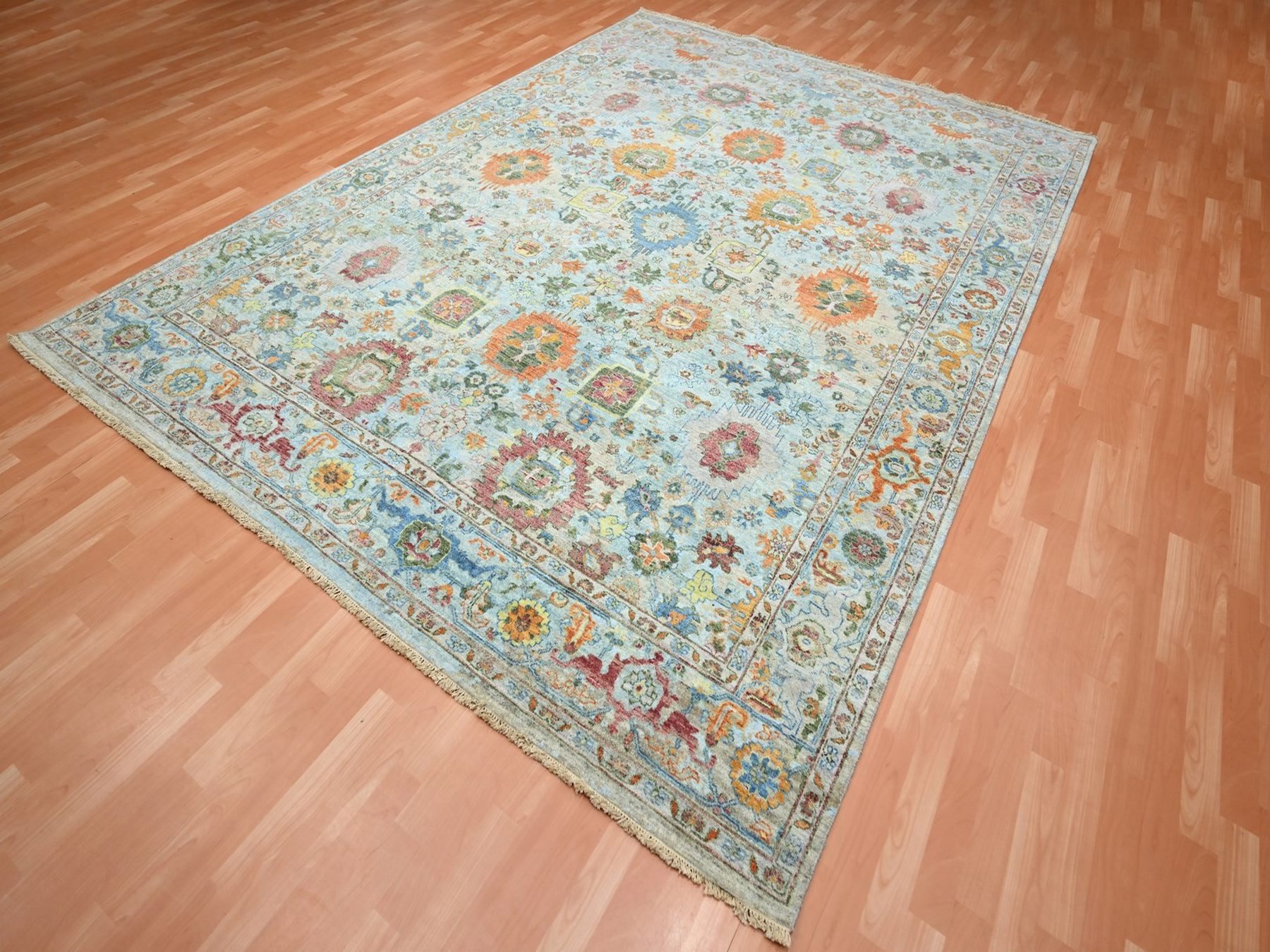 8'9"x12' Light Blue with Orange Leafs, Sultanabad Reimagined, Hand Knotted, Pure Wool, Zero Pile, Cropped Thin, Vegetable Dyes, Oriental Rug Sh75794 HR75794 - Image 3