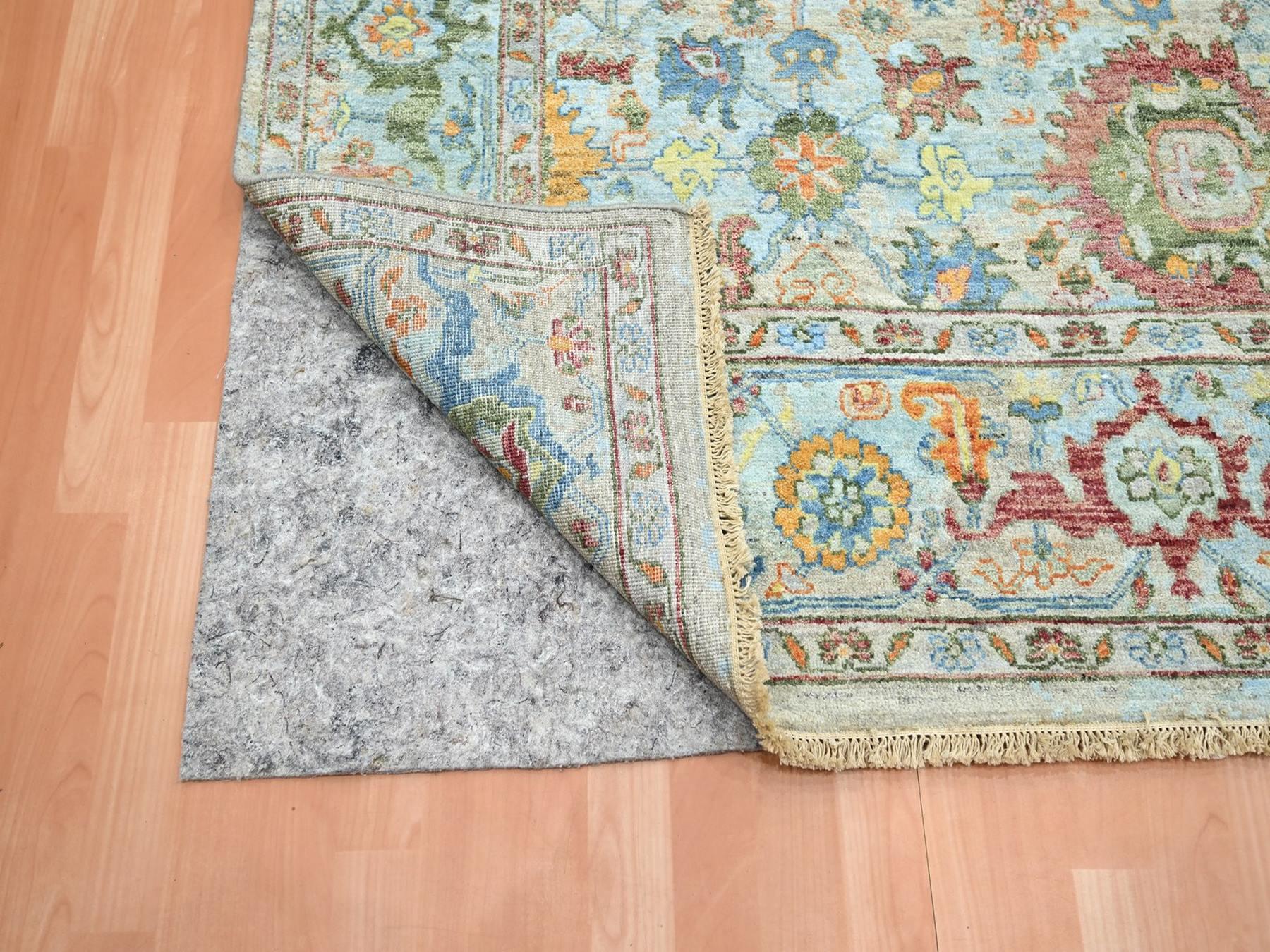 8'9"x12' Light Blue with Orange Leafs, Sultanabad Reimagined, Hand Knotted, Pure Wool, Zero Pile, Cropped Thin, Vegetable Dyes, Oriental Rug Sh75794 HR75794 - Image 4