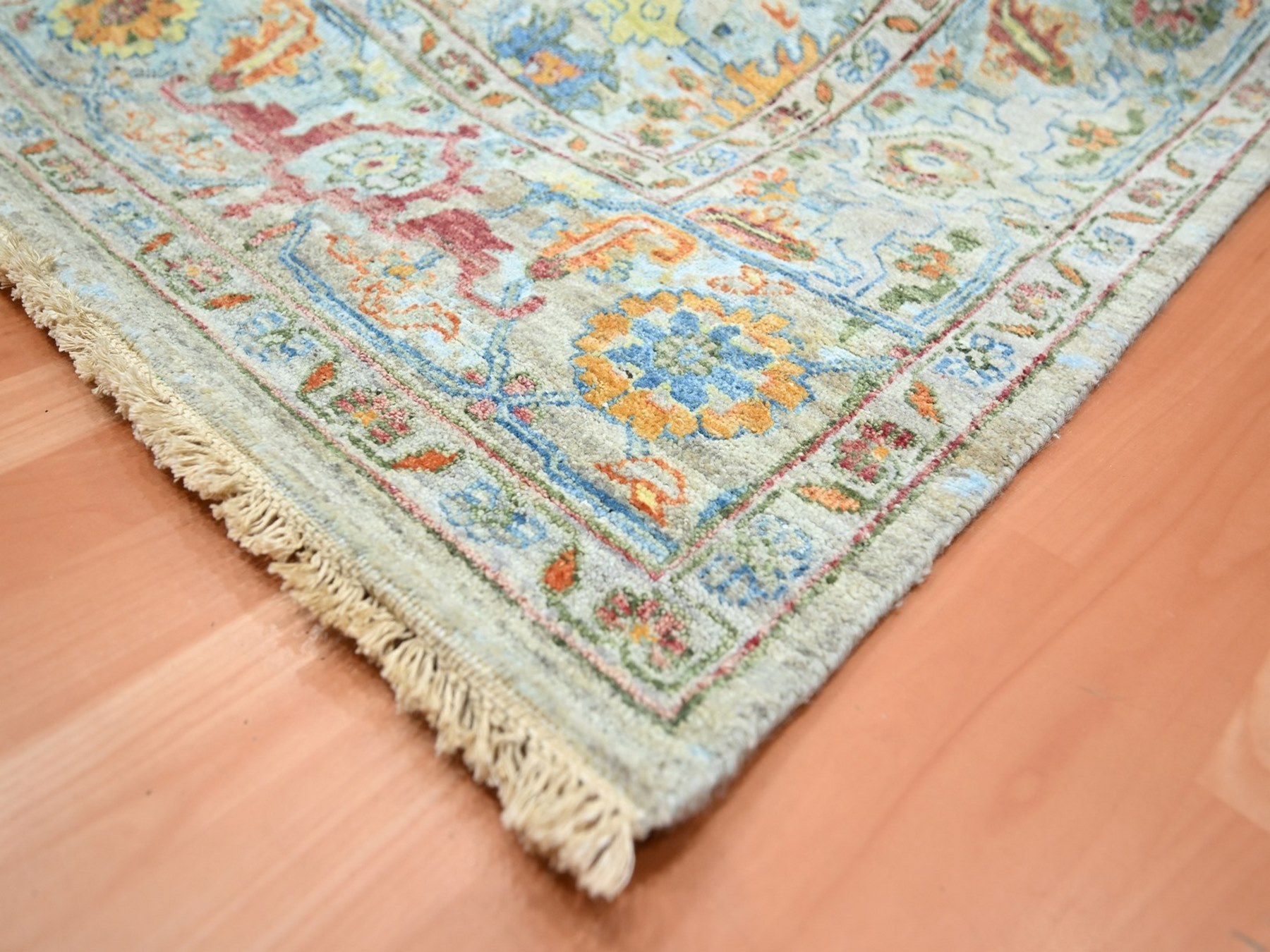 8'9"x12' Light Blue with Orange Leafs, Sultanabad Reimagined, Hand Knotted, Pure Wool, Zero Pile, Cropped Thin, Vegetable Dyes, Oriental Rug Sh75794 HR75794 - Image 6