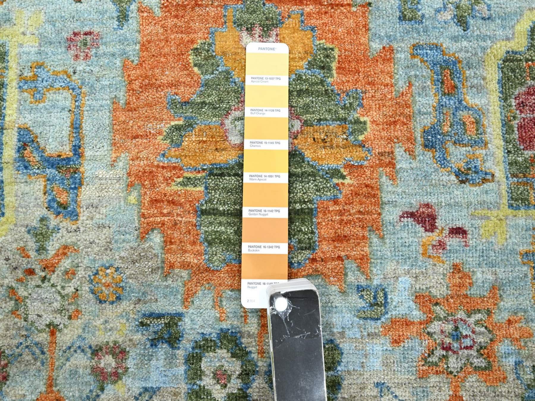 8'9"x12' Light Blue with Orange Leafs, Sultanabad Reimagined, Hand Knotted, Pure Wool, Zero Pile, Cropped Thin, Vegetable Dyes, Oriental Rug Sh75794 HR75794 - Image 7