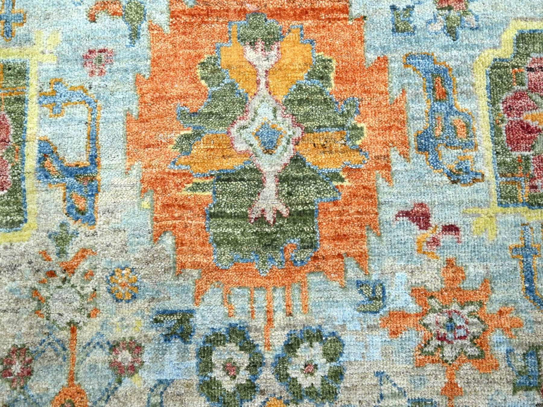 8'9"x12' Light Blue with Orange Leafs, Sultanabad Reimagined, Hand Knotted, Pure Wool, Zero Pile, Cropped Thin, Vegetable Dyes, Oriental Rug Sh75794 HR75794 - Image 8
