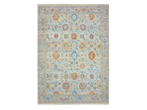 9'10"x14' Ruddy Blue, Orange Leafs, Sultanabad Reimagined, Hand Knotted, Pure Wool, Zero Pile, Cropped Low, Vegetable Dyes, Oriental Rug HR75795