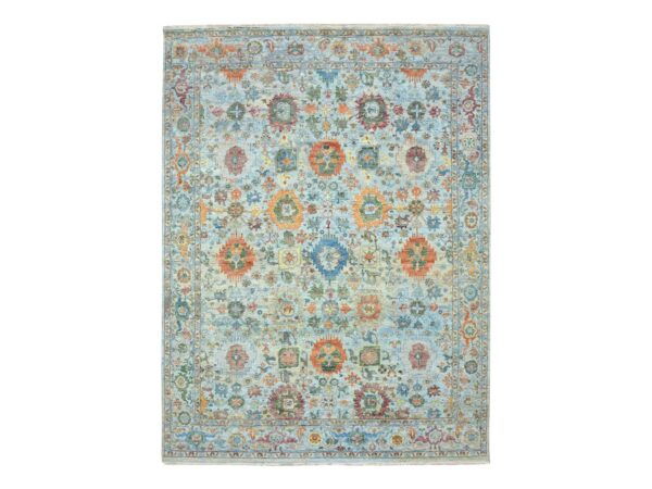 8'10"x12' Arctic Blue, Sultanabad Reimagined with Orange Leafs, Zero Pile, Hand Knotted, Pure Wool, Cropped Thin, Vegetable Dyes, Oriental Rug HR75796