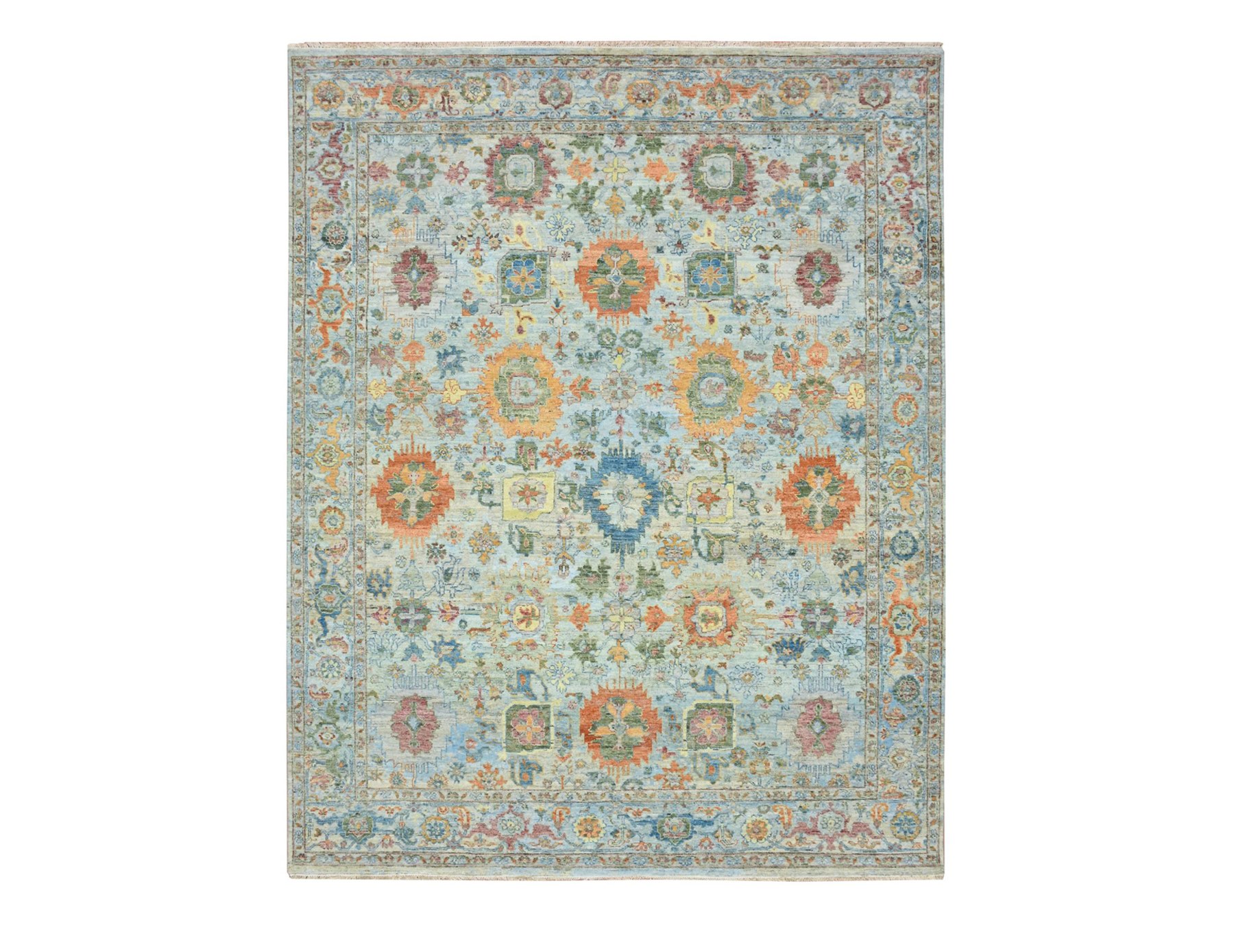 8'x10' Beau Blue with Orange Leafs, Sultanabad Reimagined, Hand Knotted, Pure Wool, Zero Pile, Cropped Low, Vegetable Dyes, Oriental Rug HR75797