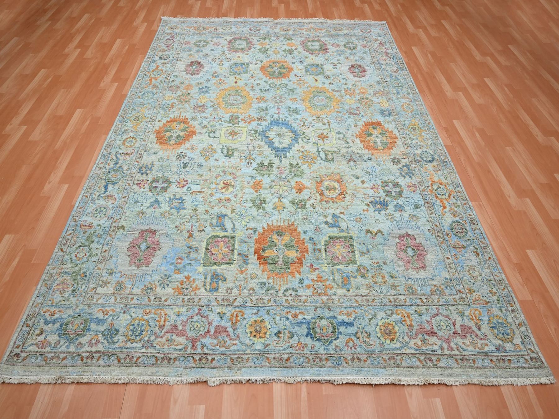 8'x10' Beau Blue with Orange Leafs, Sultanabad Reimagined, Hand Knotted, Pure Wool, Zero Pile, Cropped Low, Vegetable Dyes, Oriental Rug HR75797 - Image 2